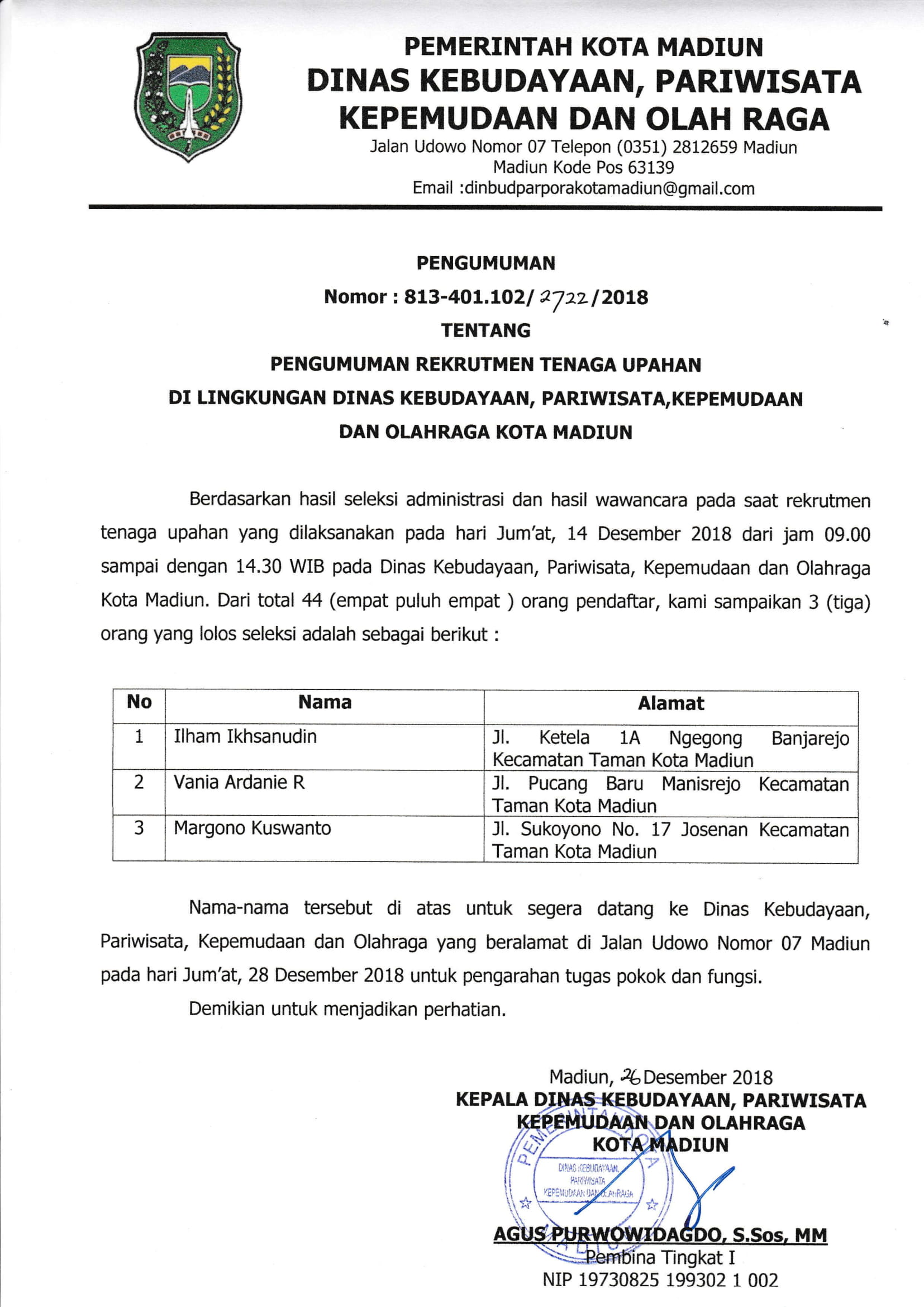 PENGUMUMAN HASIL REKRUTMEN TENAGA UPAHAN DISBUDPARPORA TAHUN 2018
