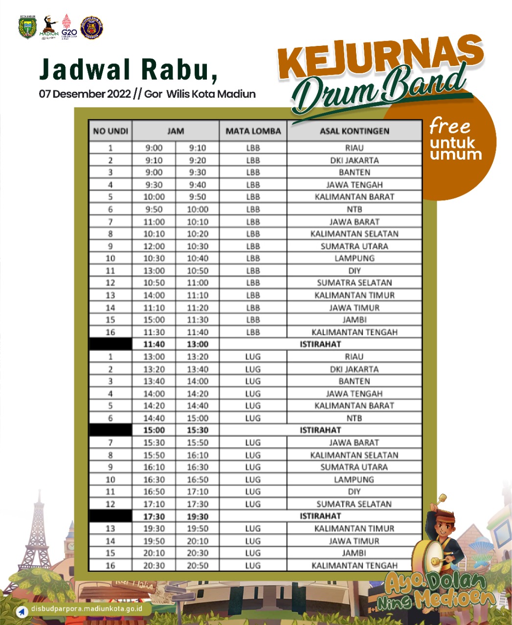 Jadwal Kejurnas Drumband Rabu, 7 Desember 2022